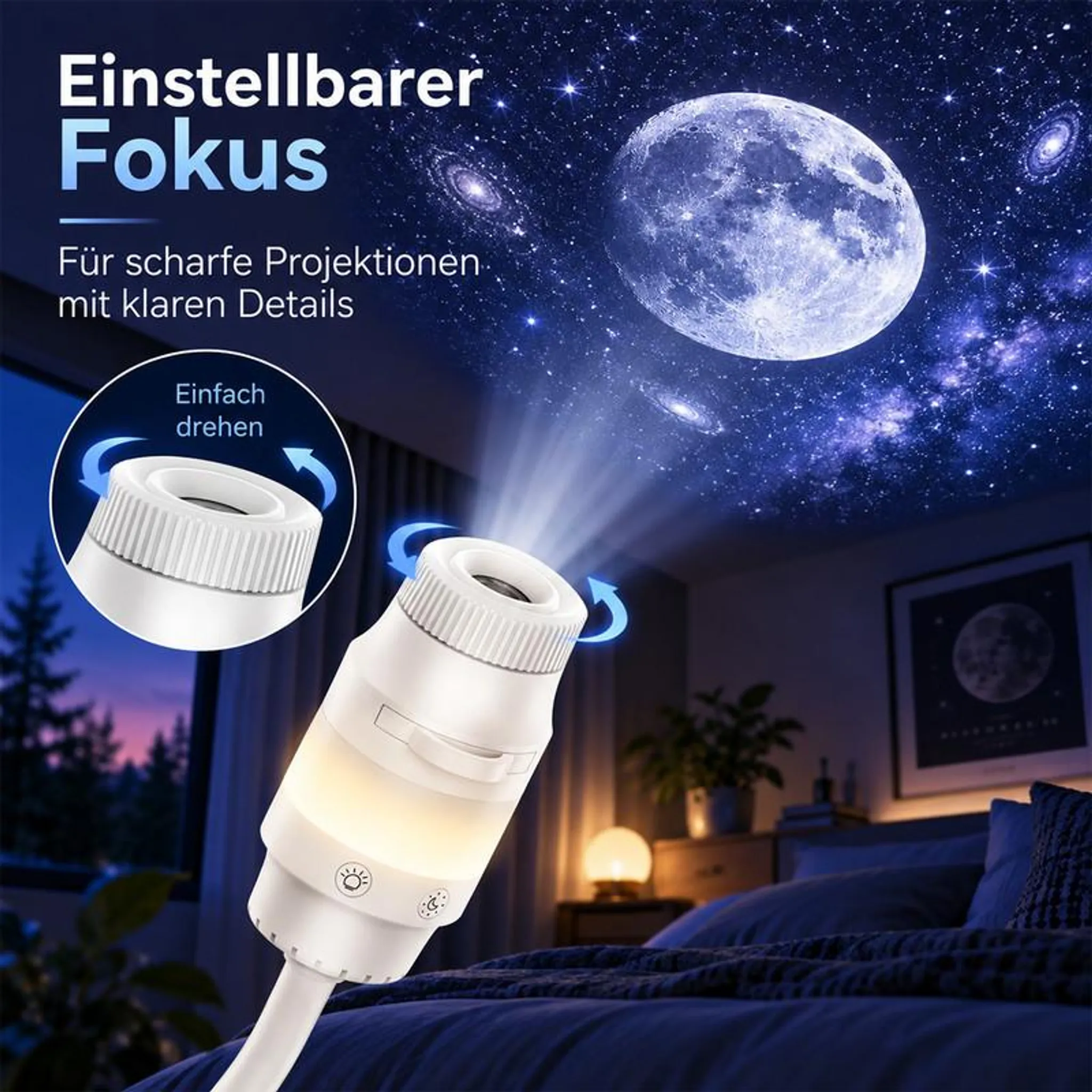 Sternenprojektor im Schlafzimmer projiziert einen hellen Mond und Sterne an die Decke, mit Fokus-Inlay.