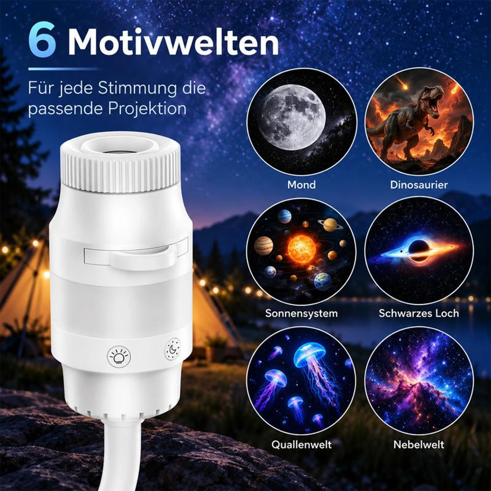 Weißer Projektor mit sechs runden Bildern von Mond, Dinosauriern, Sonnensystem, Schwarzem Loch, Quallen und Nebel.