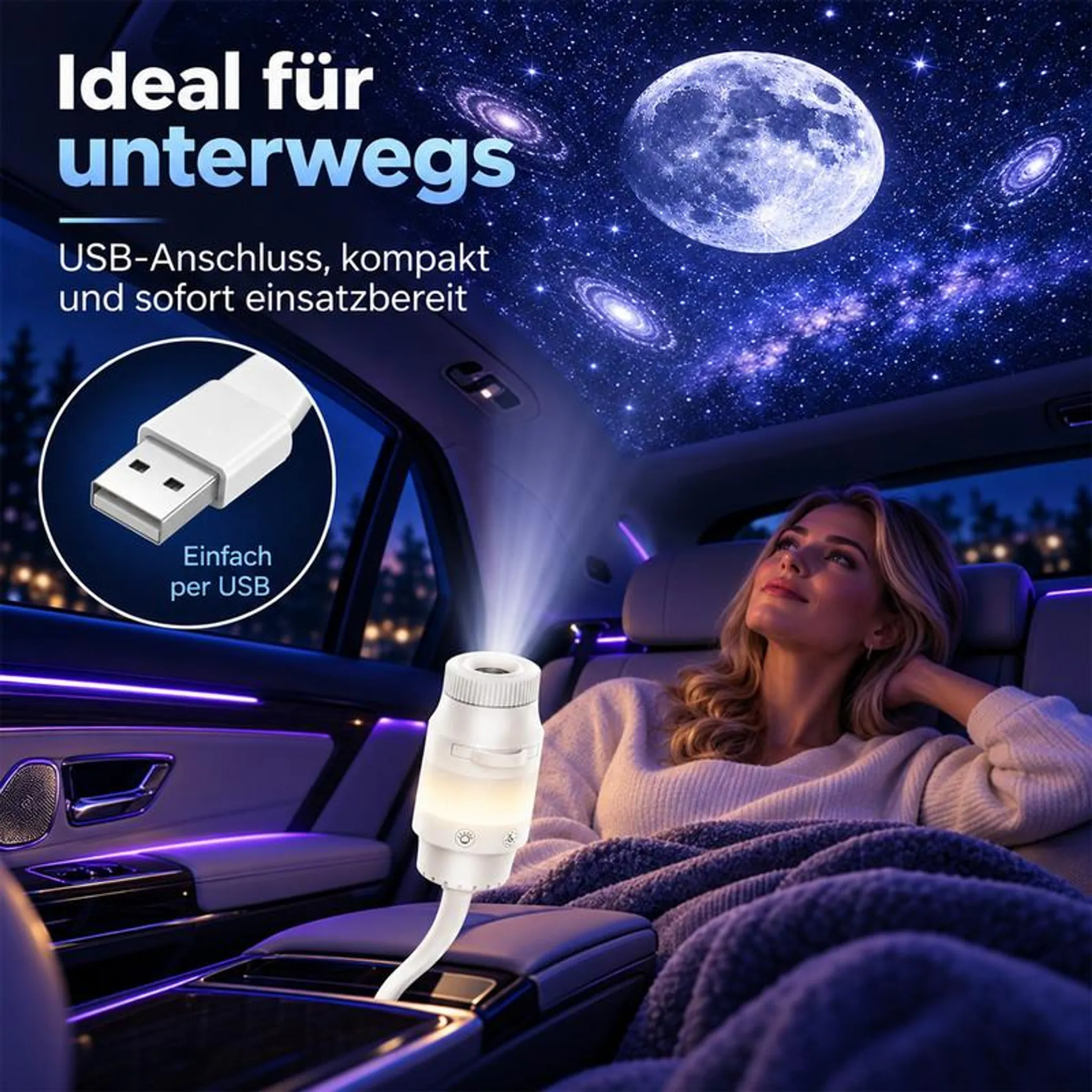 Eine Frau sitzt im Auto und schaut auf den von einem USB-Projektor beleuchteten Sternenhimmel.