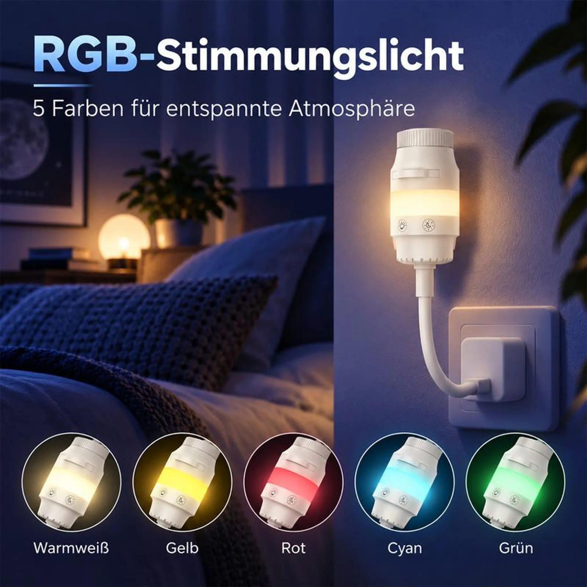 RGB-Stimmungslicht in einem Schlafzimmer, eingesteckt in eine Steckdose, mit fünf verschiedenen Farben.