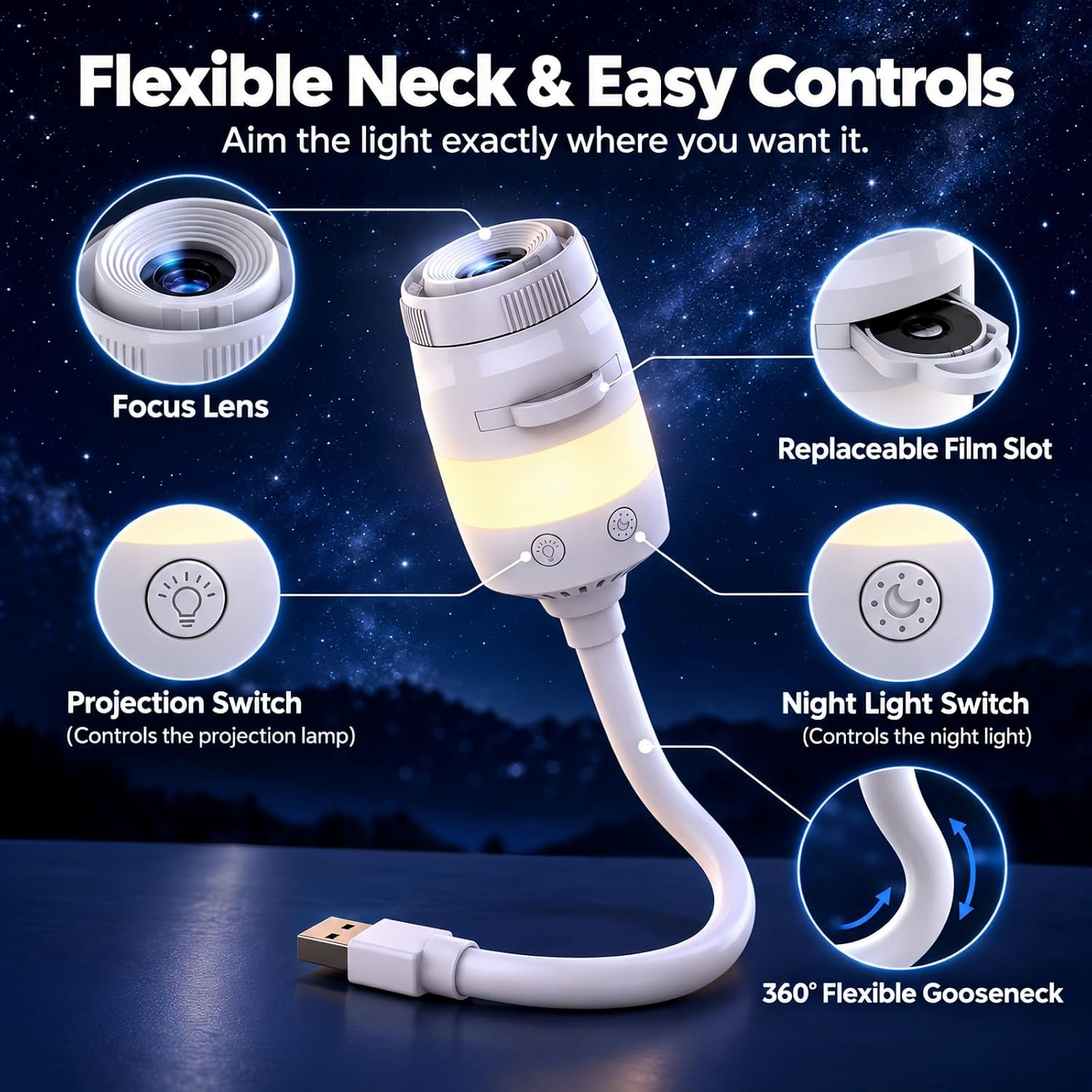 Flexible USB-Lampe mit Fokuslinse, austauschbarem Filmschlitz, Projektions- und Nachtlichtschalter.