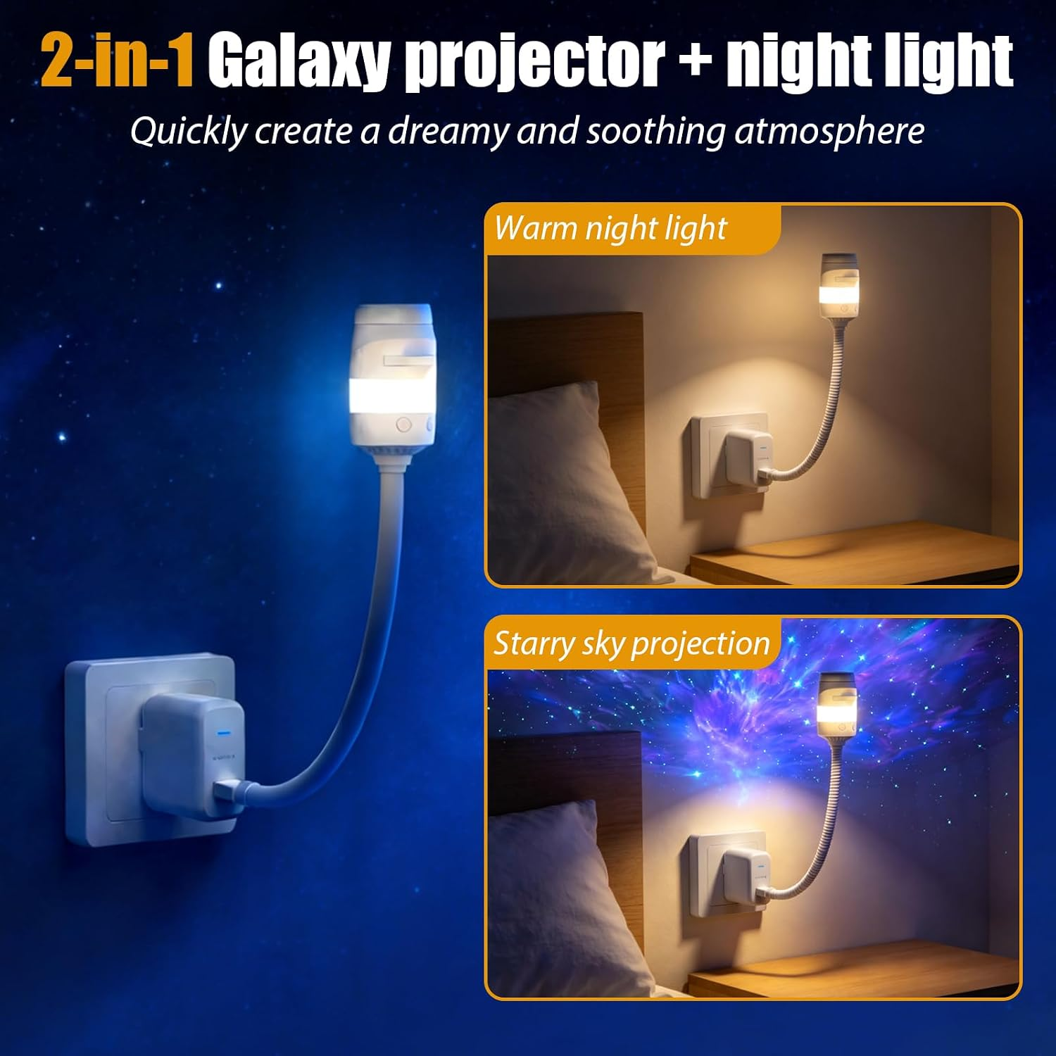 Ein 2-in-1 Galaxie-Projektor und Nachtlicht plugged in einer Wand, zeigt warmes Licht und Sternenhimmel-Projektion.