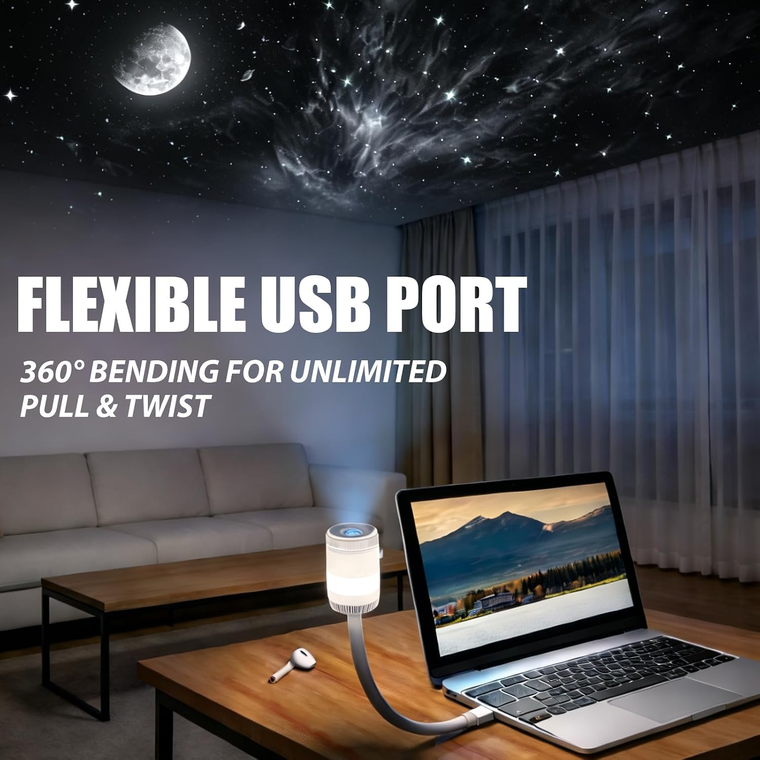 Eine flexible USB-Lampe ist an einen Laptop angeschlossen, projiziert eine Sternenhimmel-Decke und steht auf einem Tisch.