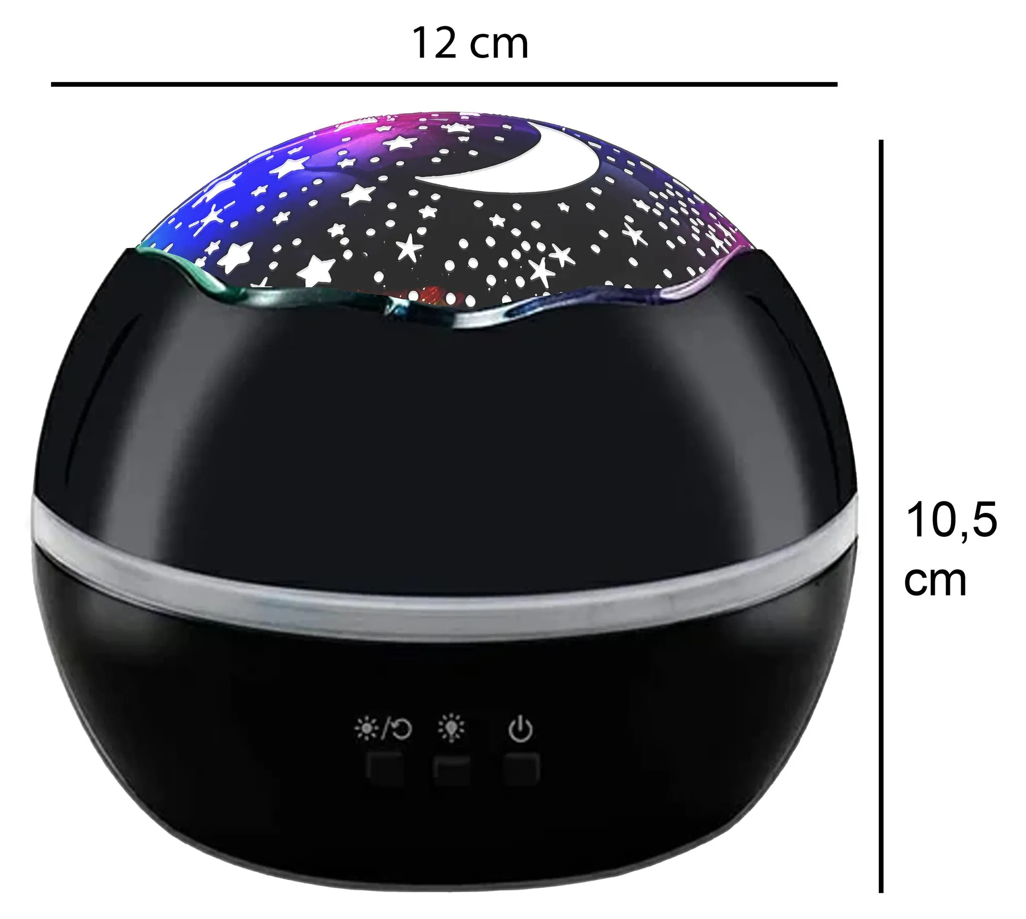 Schwarze kugelförmige Nachtlicht-Projektorlampe mit Maßen von 12 cm Breite und 10,5 cm Höhe.