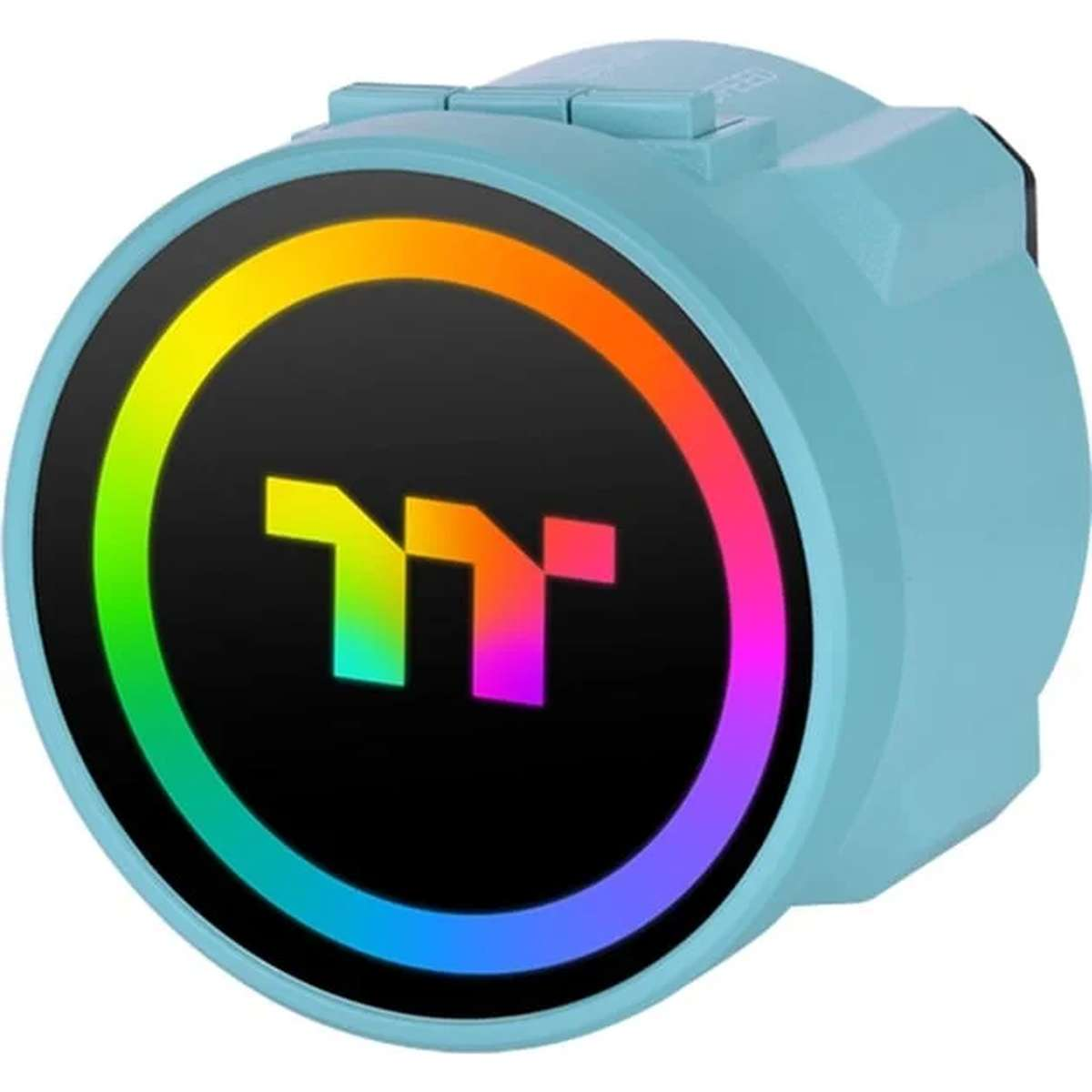 Hellblauer Thermaltake-PC-Lüfter mit RGB-Ring und Logo.