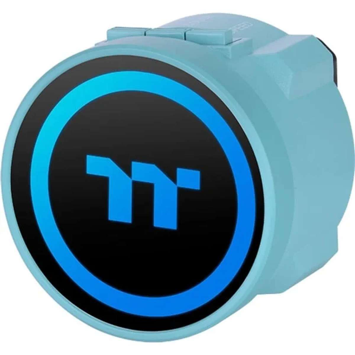 Ein türkisfarbener zylindrischer Gegenstand mit einem runden Bildschirm, der einen blauen leuchtenden Ring und ein Logo zeigt.