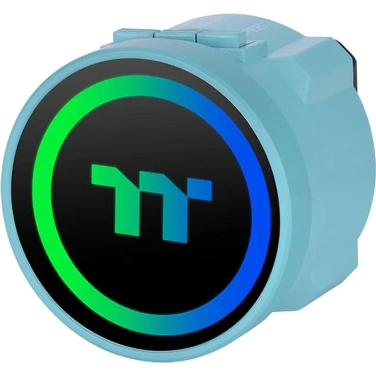Hellblauer zylindrischer Gegenstand mit kreisförmigem Display, das einen grünen und blauen Ring zeigt.