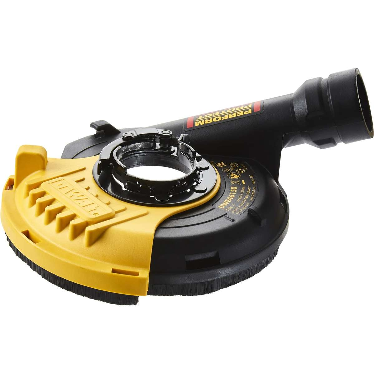 Beyaz arka planda, vakum çıkışı ve fırça etekli, açılı taşlama makineleri için siyah ve sarı DeWalt toz siperi.