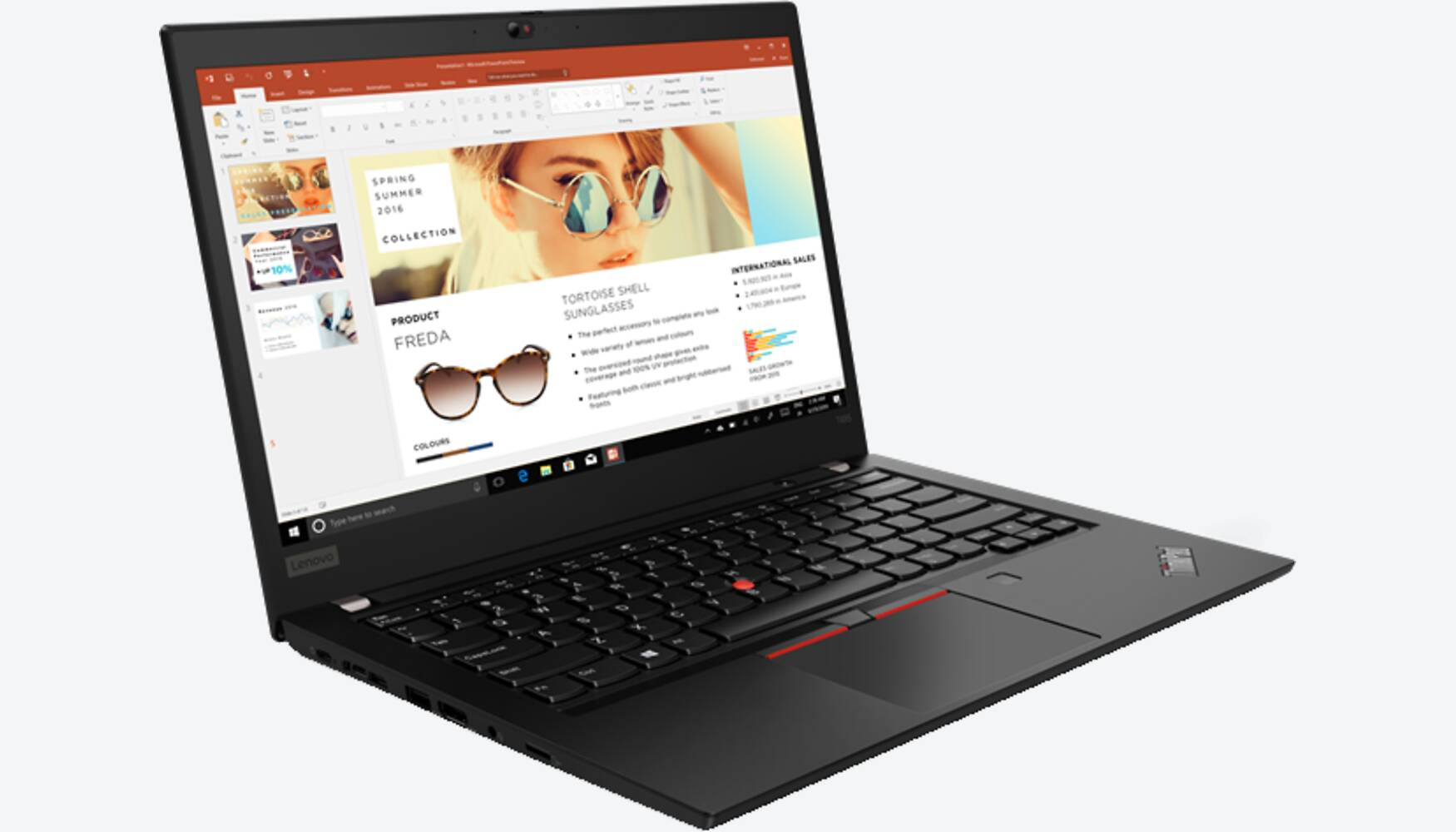 Ein schwarzer Laptop auf weißem Hintergrund zeigt eine Präsentation mit Sonnenbrillen.