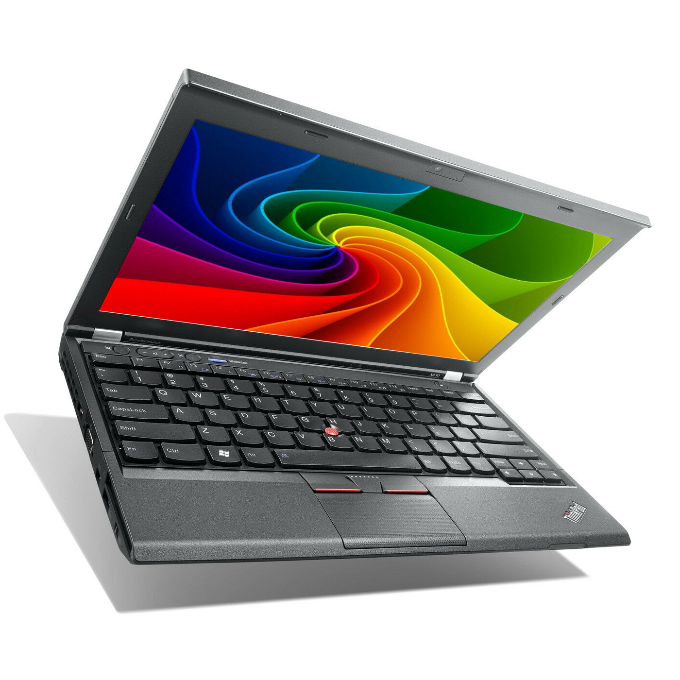 Ein offener grauer Laptop mit schwarzer Tastatur und einem bunten Spirale-Muster auf dem Bildschirm.