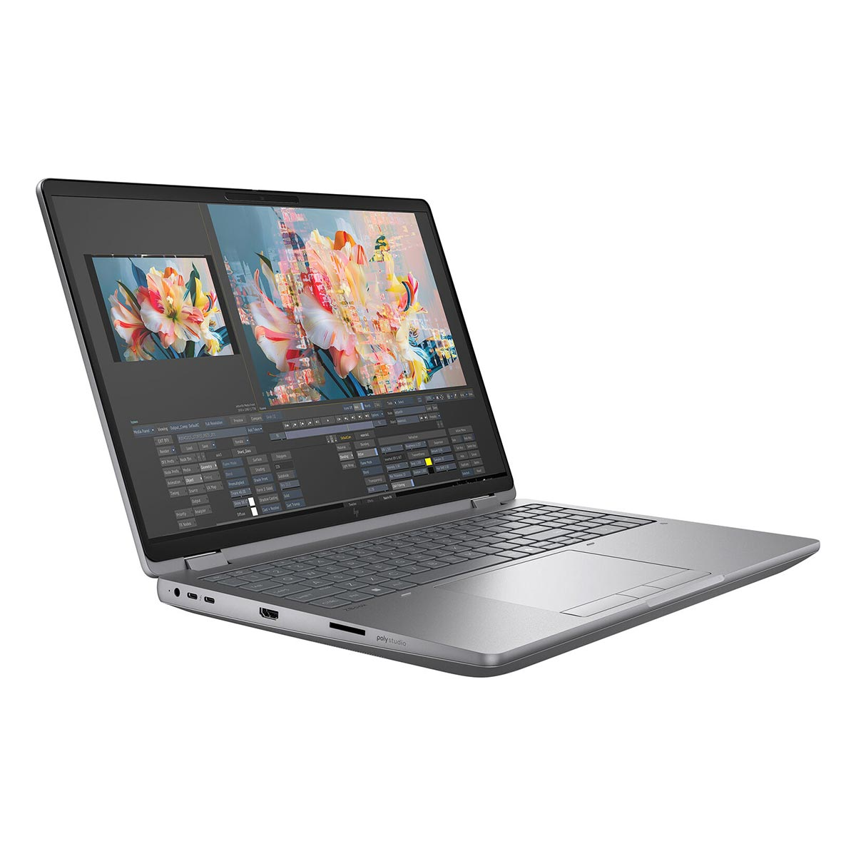 Srebrny laptop jest otwarty na białym tle, wyświetlając kolorowy obraz kwiatowy i interfejs oprogramowania.