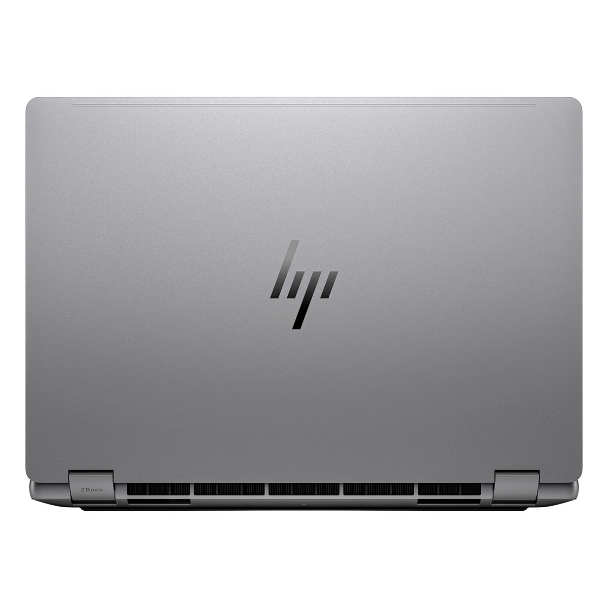 Zamknięty szary laptop HP ZBook widziany z tyłu, z logo HP i szczelinami wentylacyjnymi.