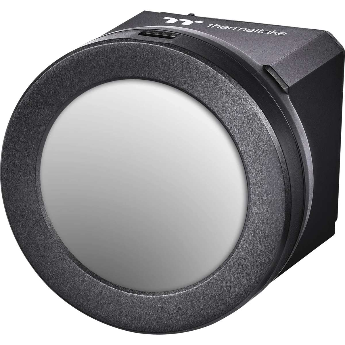 Schwarzes Thermaltake-Gerät mit weißem runden Display.