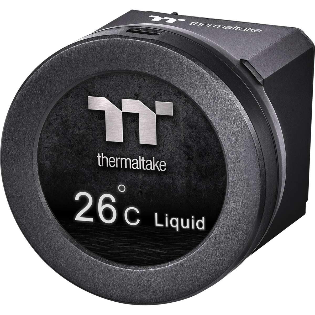 Ein schwarzer Thermaltake-Flüssigkeitskühlungsmonitor mit 26 Grad Celsius auf dem runden Bildschirm.