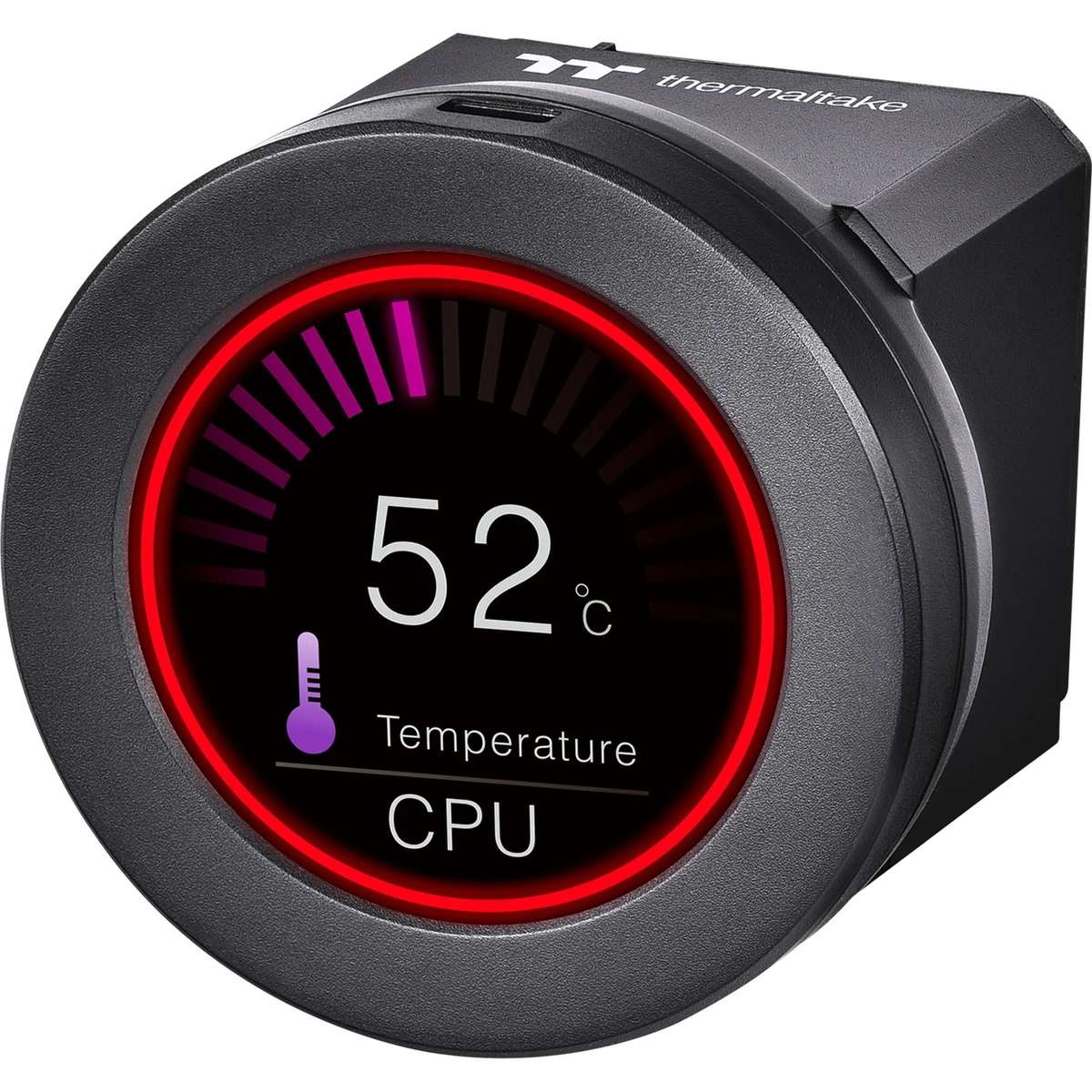 Schwarzes Thermaltake CPU-Temperaturmessgerät mit rotem LED-Ring und Display, das 52 Grad anzeigt.