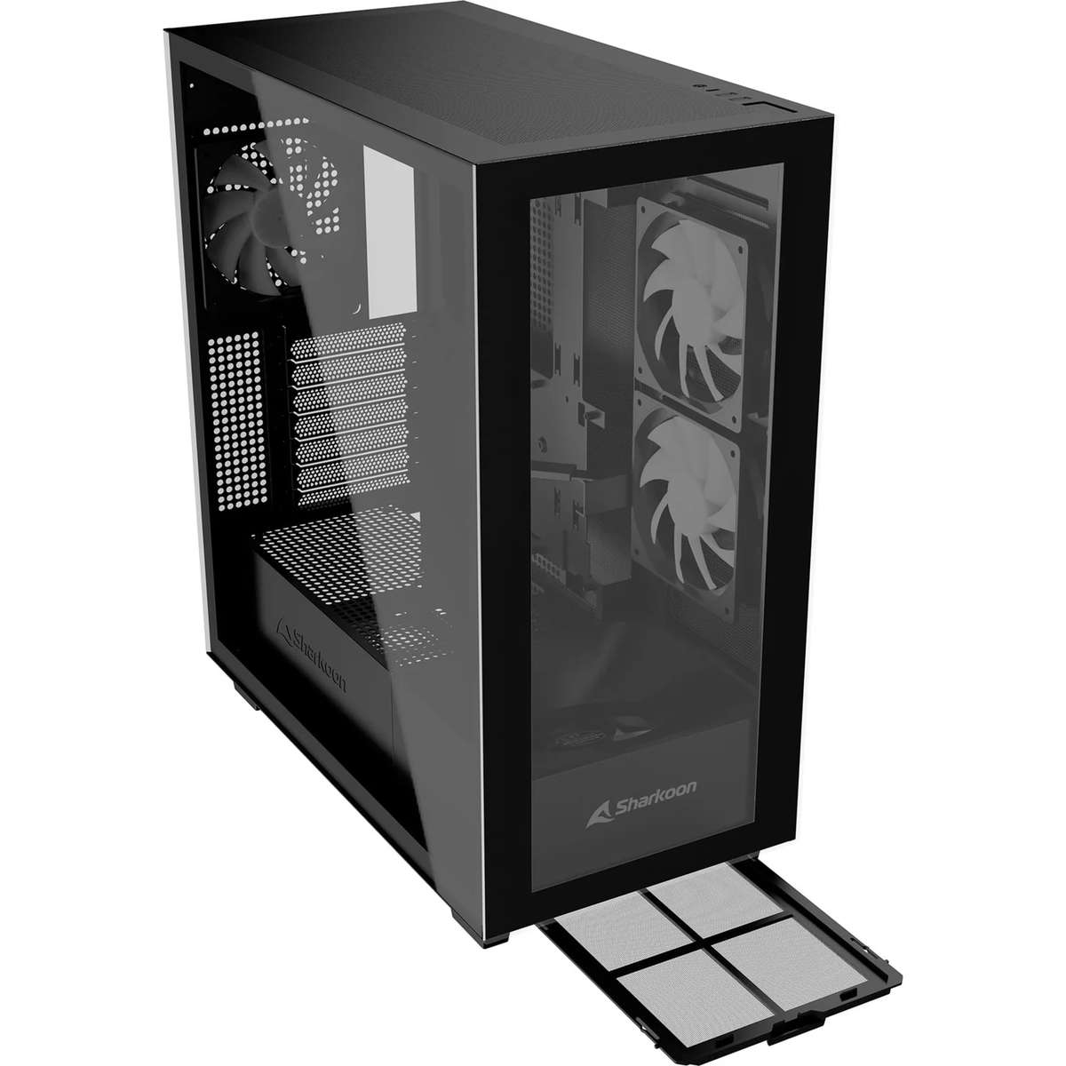 Un boîtier PC Sharkoon noir avec des panneaux en verre, des ventilateurs visibles et un filtre à poussière.