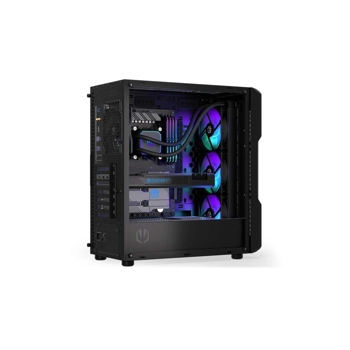 Czarna obudowa komputera z niebieskim i fioletowym oświetleniem RGB w środku.