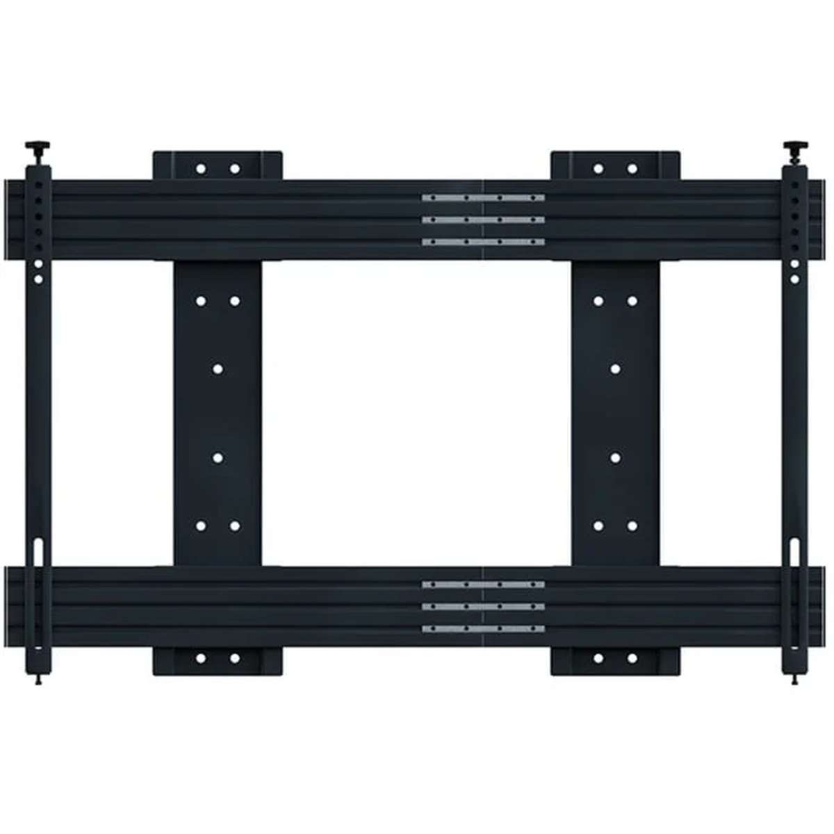 Schwarze TV-Wandhalterung mit Rahmenkonstruktion und vorgebohrten Löchern vor weißem Hintergrund.