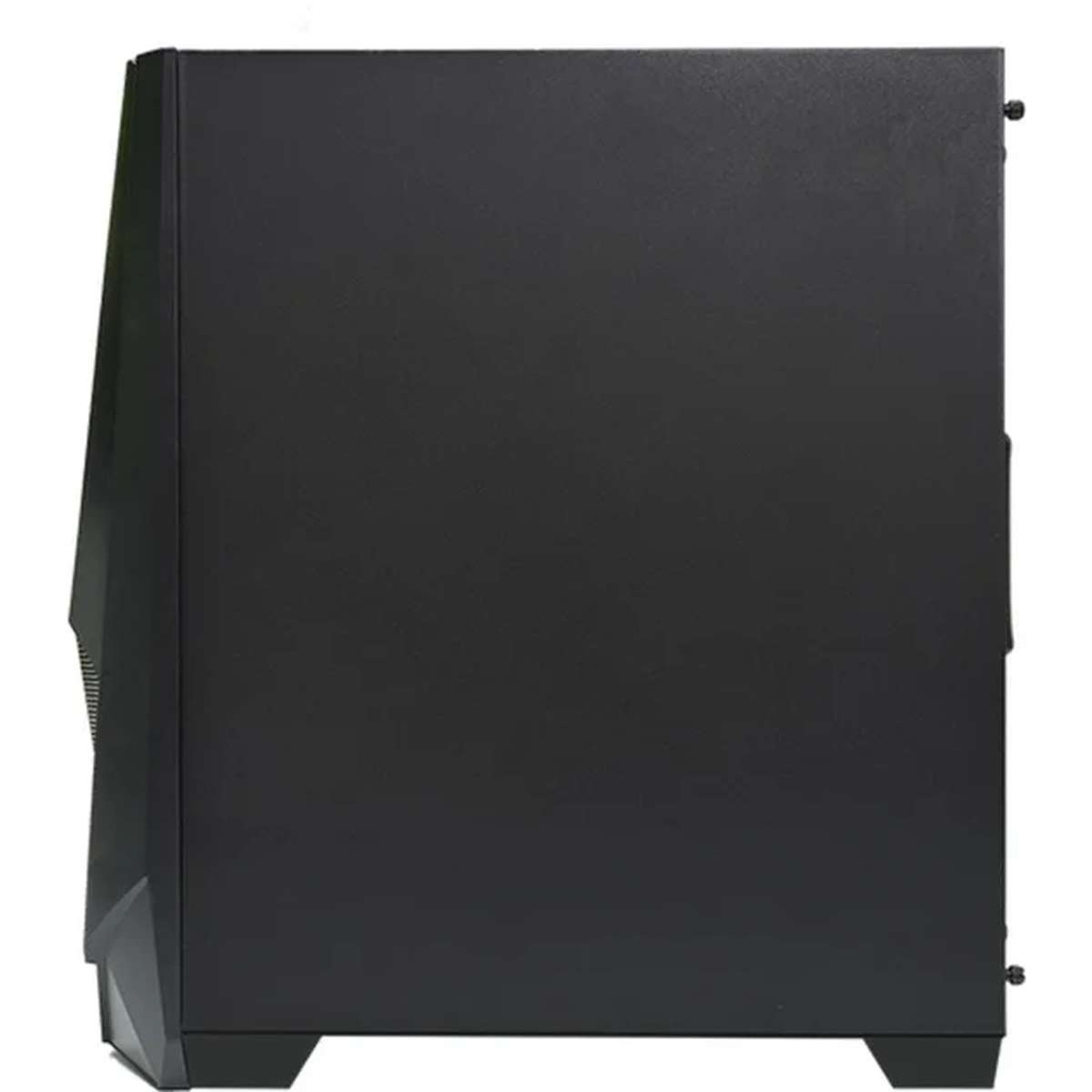 Ein einfaches, schwarzes Computergehäuse von der Seite auf weißem Hintergrund.