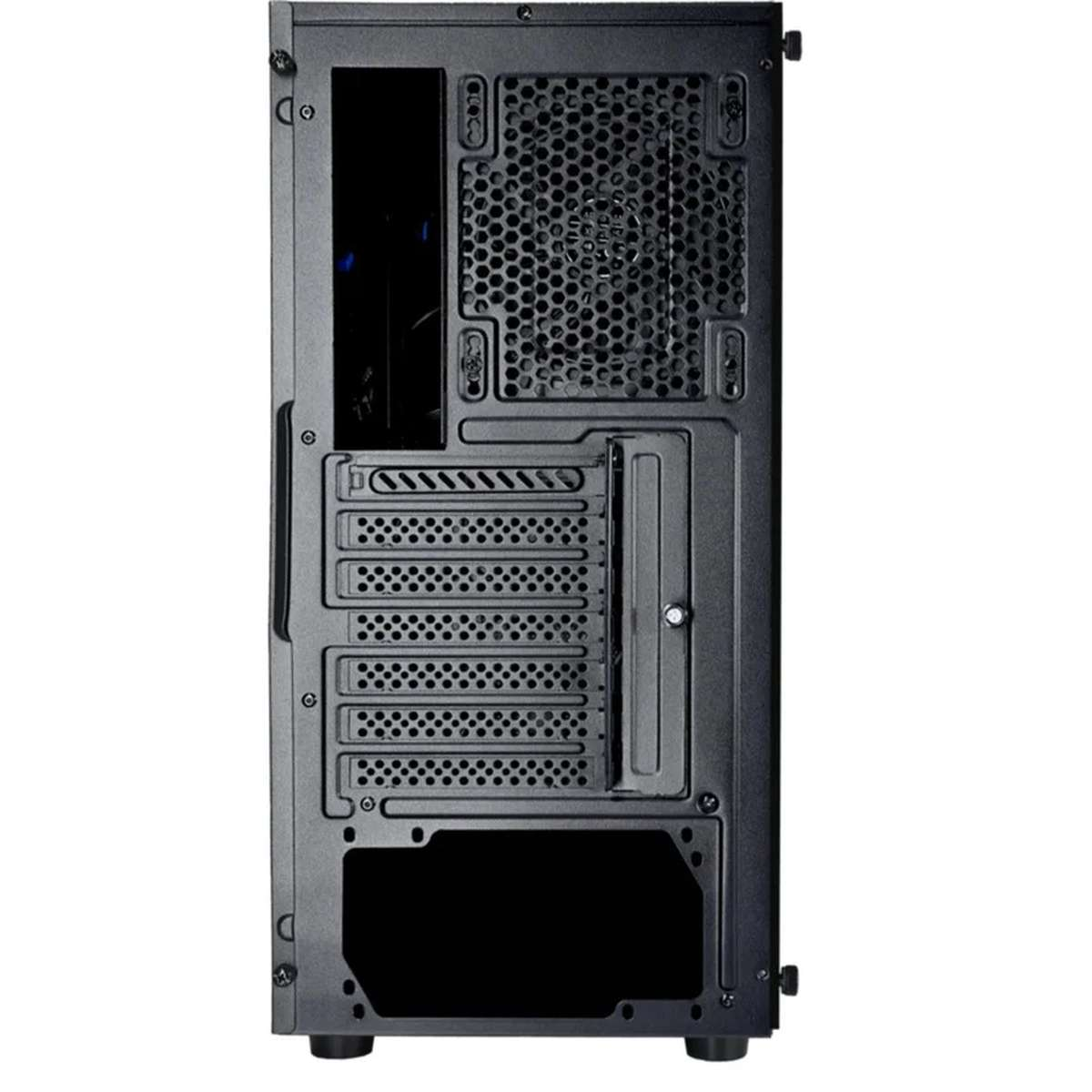 Rückansicht eines schwarzen PC-Gehäuses mit Erweiterungssteckplätzen, Lüftungsgitter und Mainboard-Blende.