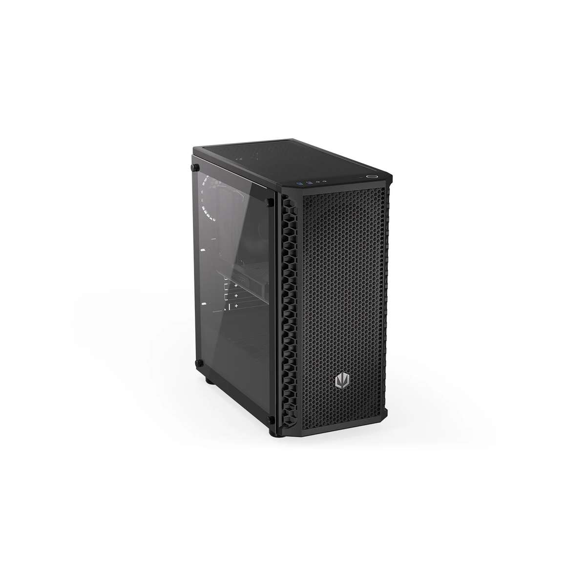 Un boitier PC noir avec façade en maille et vitre latérale sur fond blanc.