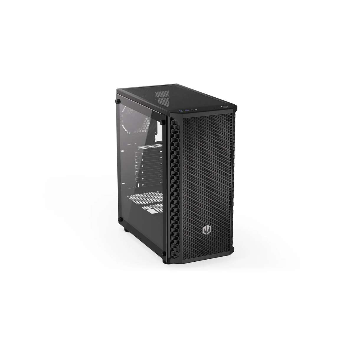 Boîtier de PC noir avec panneau avant en maille et vitre latérale sur fond blanc.
