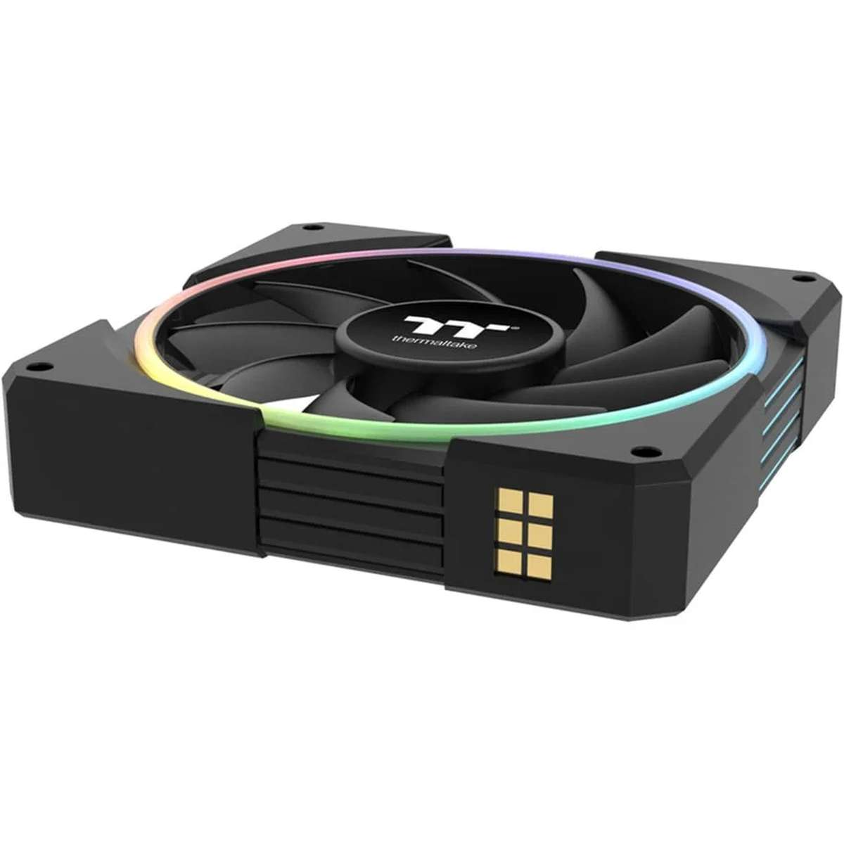 Schwarzer Thermaltake-PC-Lüfter mit RGB-Beleuchtung und Goldkontakten auf einer Seite.