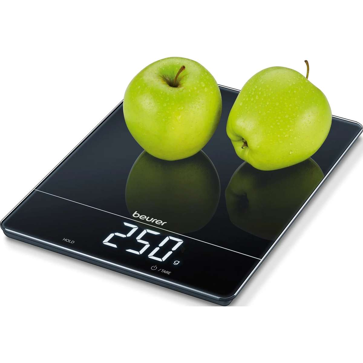 Due mele verdi su una bilancia da cucina nera che mostra 250 g.