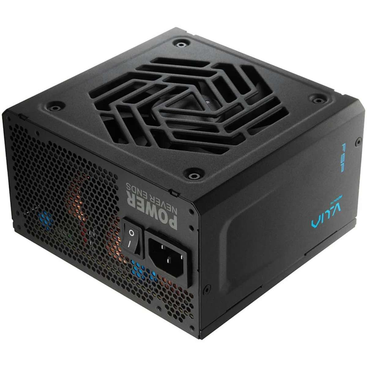 Bloc d'alimentation PC noir avec grille de ventilation et texte POWER NEVER ENDS sur le côté.