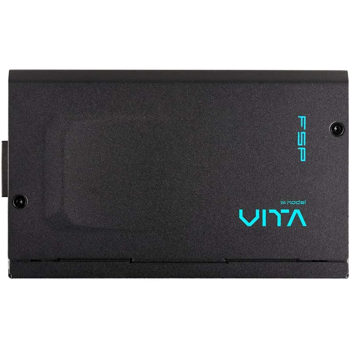 Un bloc d'alimentation FSP Vita noir avec des lettres bleu cyan, affichant la marque et le modèle sur la surface texturée.