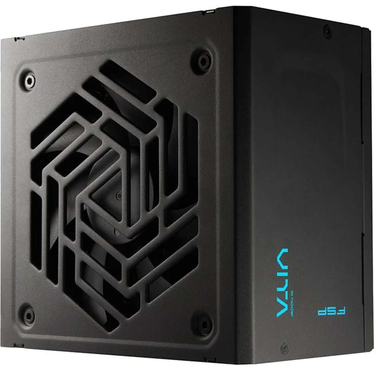 Un bloc d'alimentation PC noir avec une grille de ventilateur hexagonale et un logo bleu.