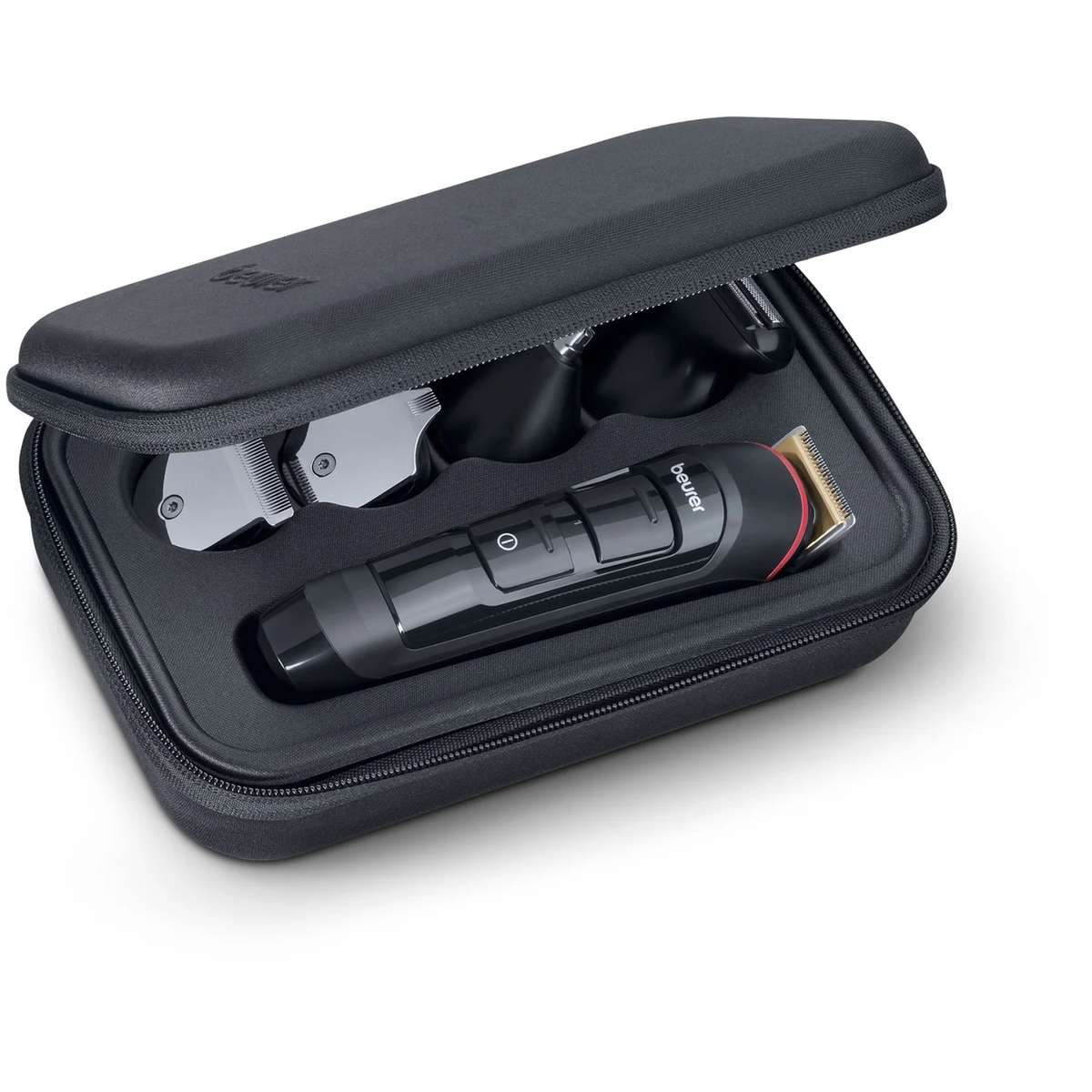 Una custodia nera da viaggio contenente un rasoio elettrico e accessori.