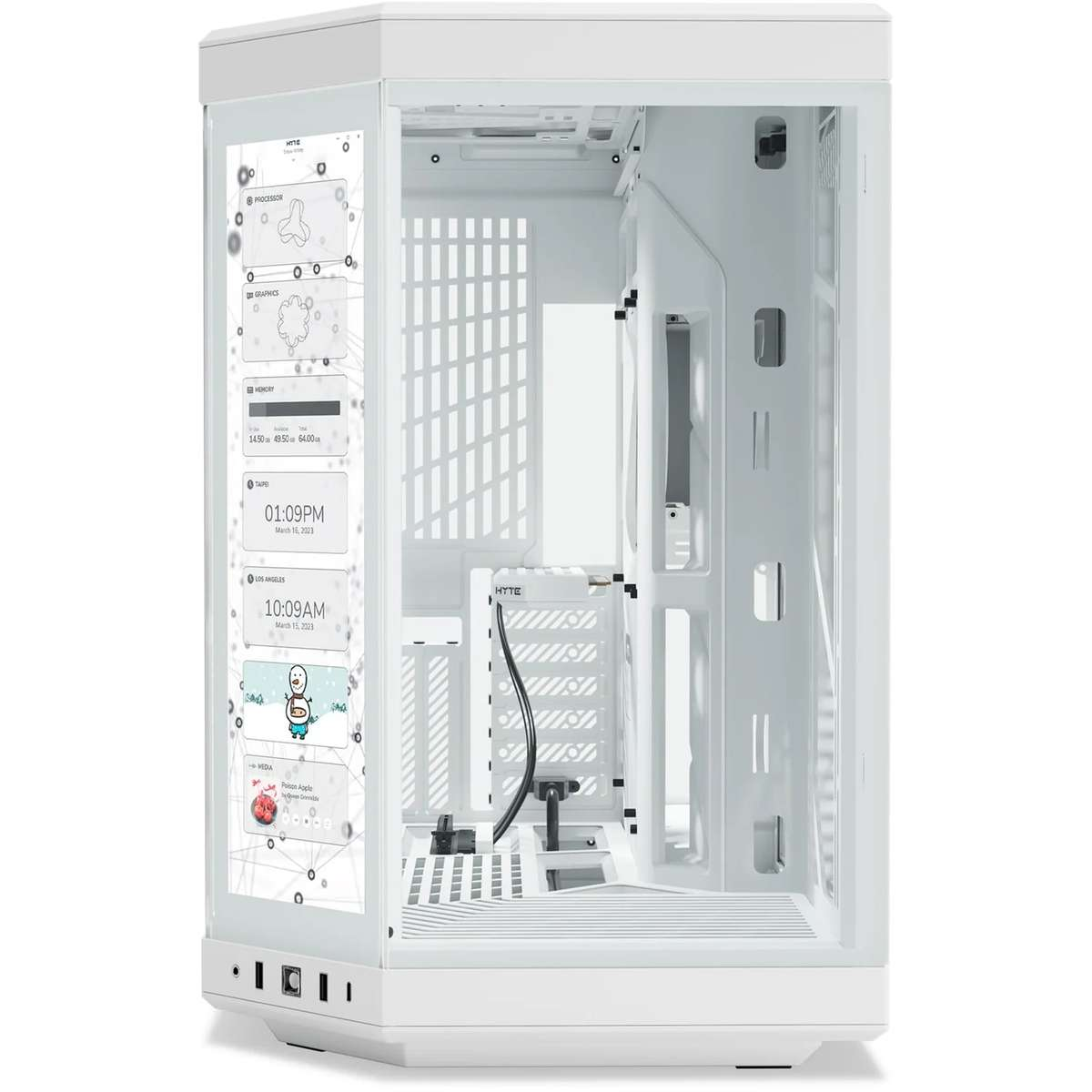 Boîtier de PC blanc avec panneau latéral en verre, composants internes et écran vertical avec widgets.