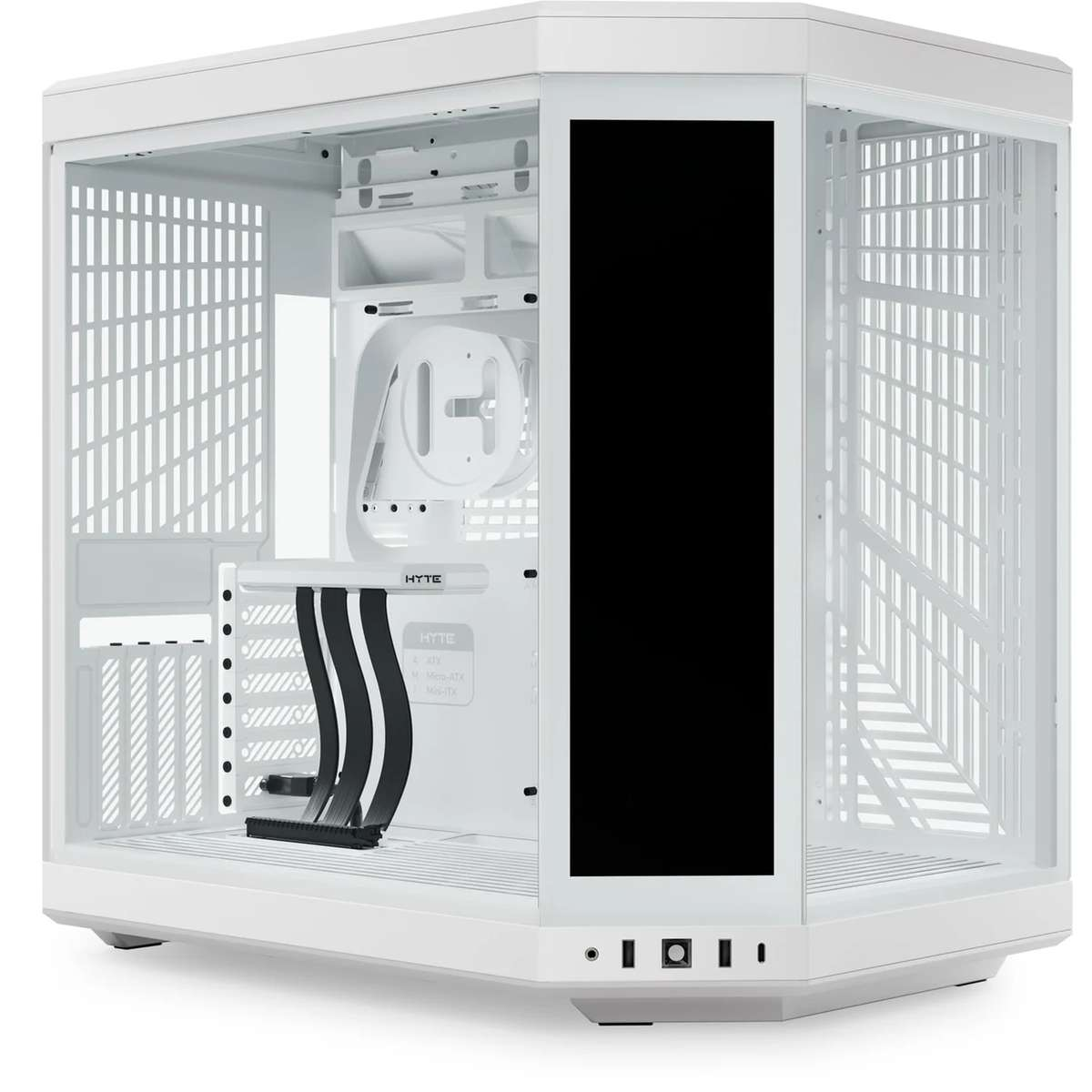 Un boitier PC blanc vide avec façade en verre et support GPU vertical.