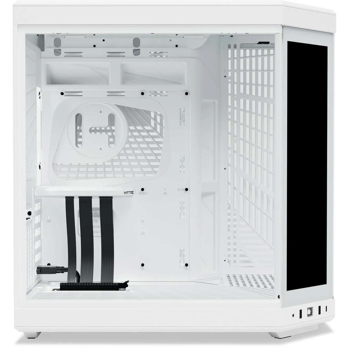 Un boîtier de PC blanc avec des câbles internes et une grille.