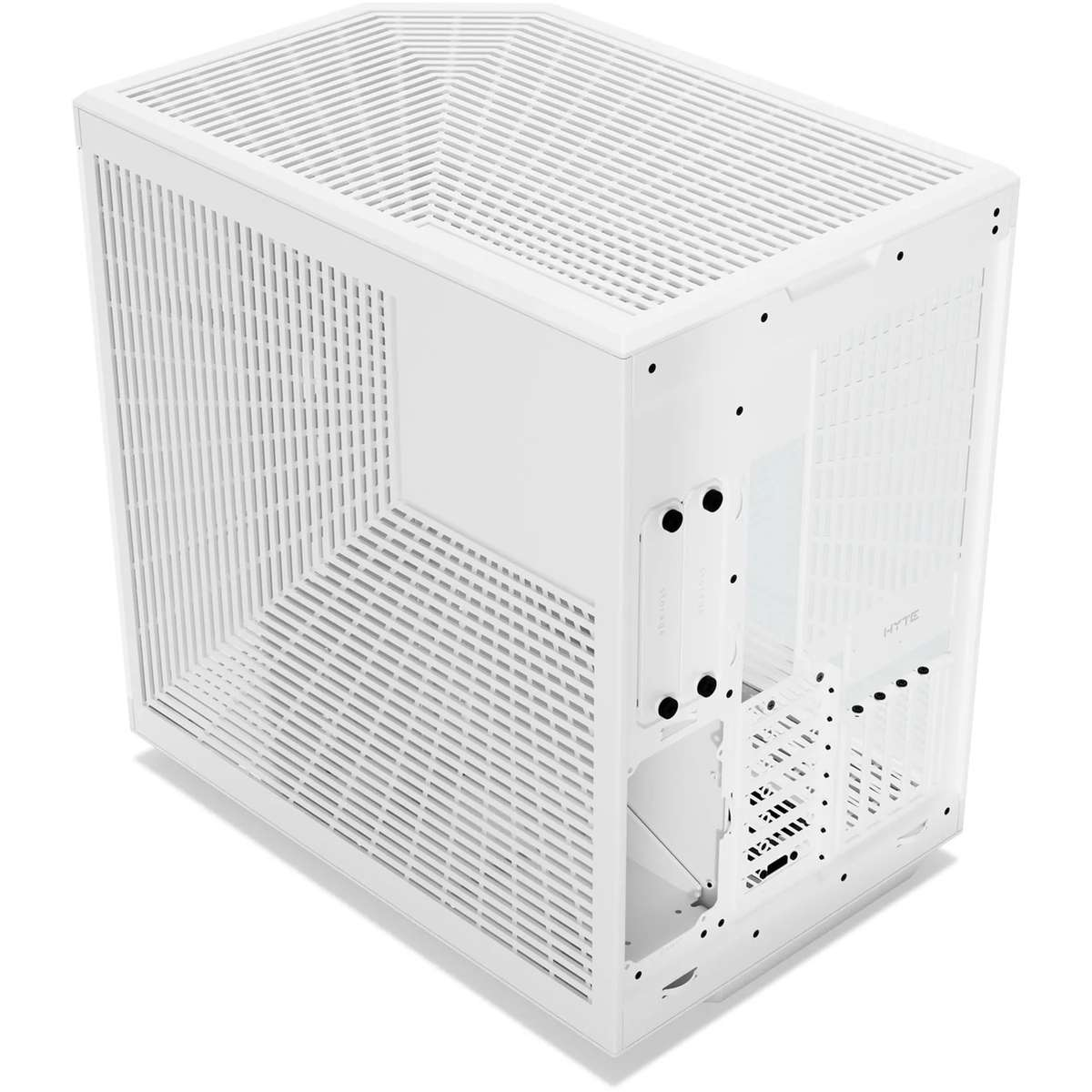 Un boîtier d'ordinateur blanc avec un dessus en maille et des panneaux de ventilation.