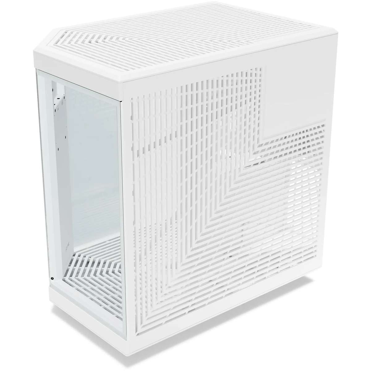 Un boitier d'ordinateur blanc avec des panneaux lateraux et superieurs perfores et une facade en verre.