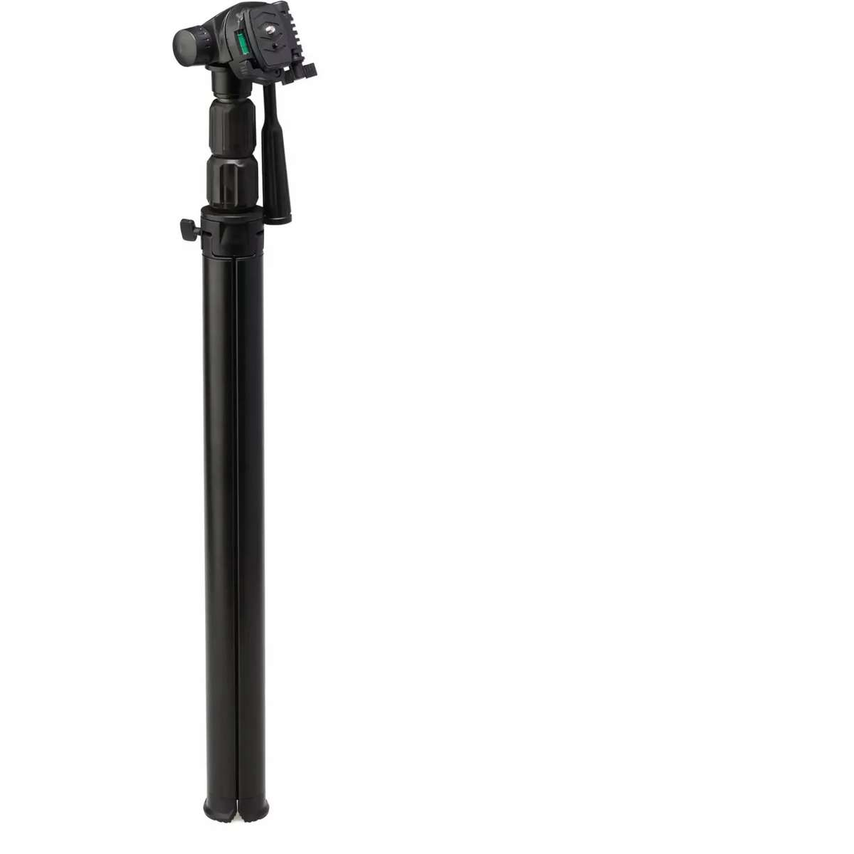 Un monopiede nero per fotocamera con testa montata su sfondo bianco.