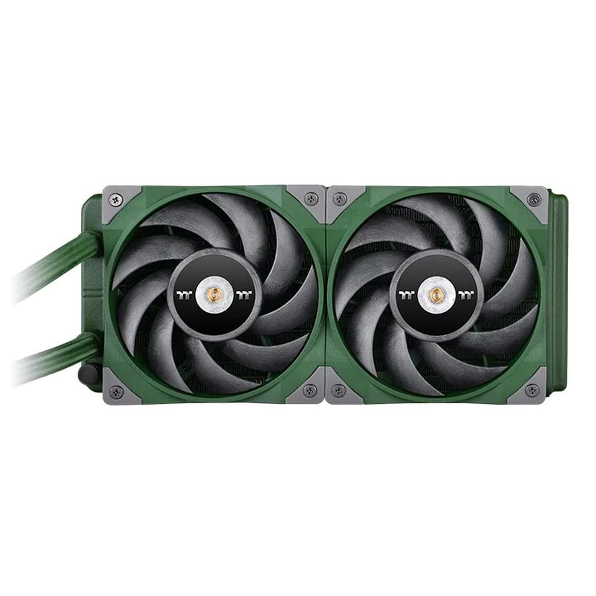 Grüner PC-Kühler mit zwei schwarzen Ventilatoren und Kühlkörper.
