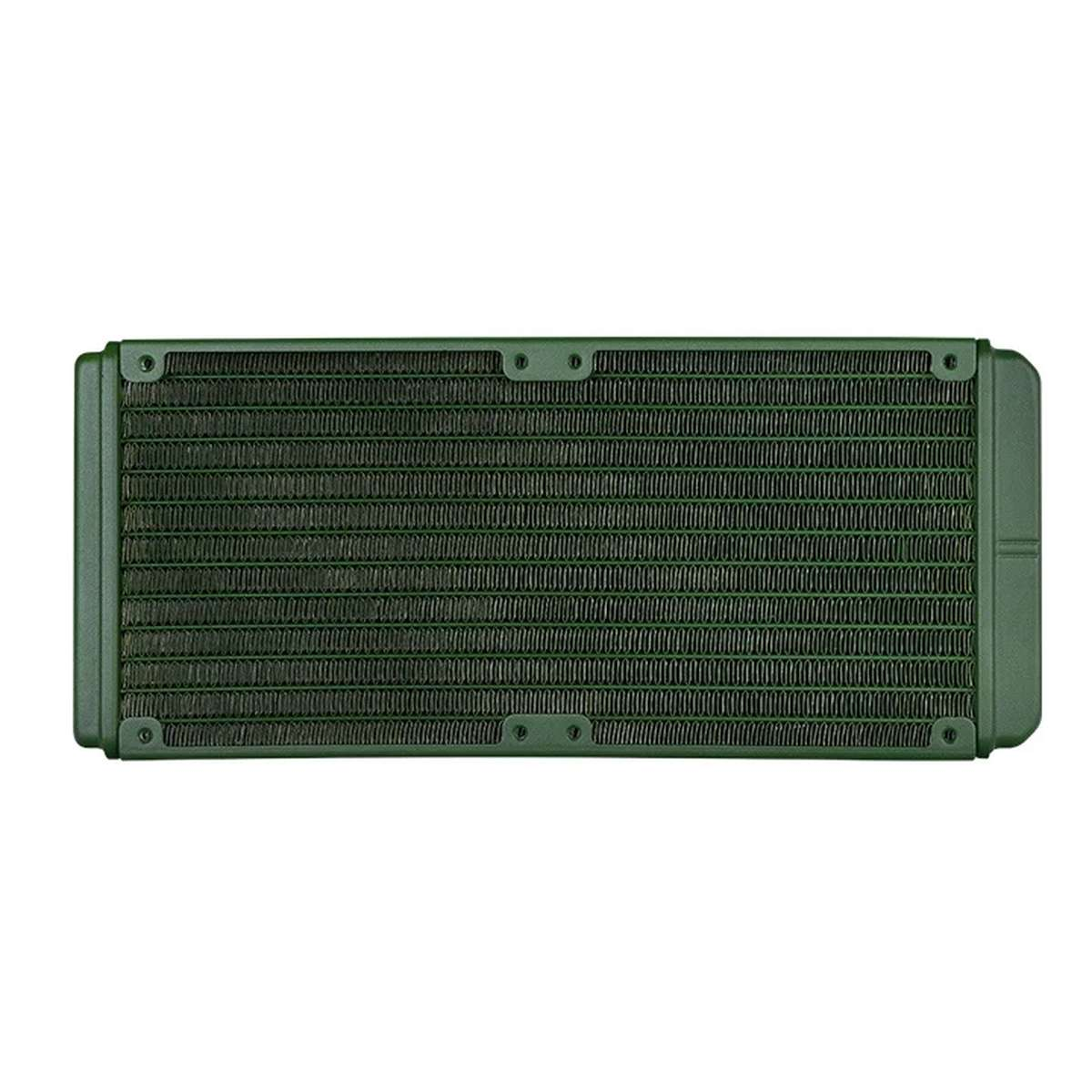 Ein rechteckiger, grüner Flüssigkühlungsradiator für Computer mit feinen Kühlrippen.