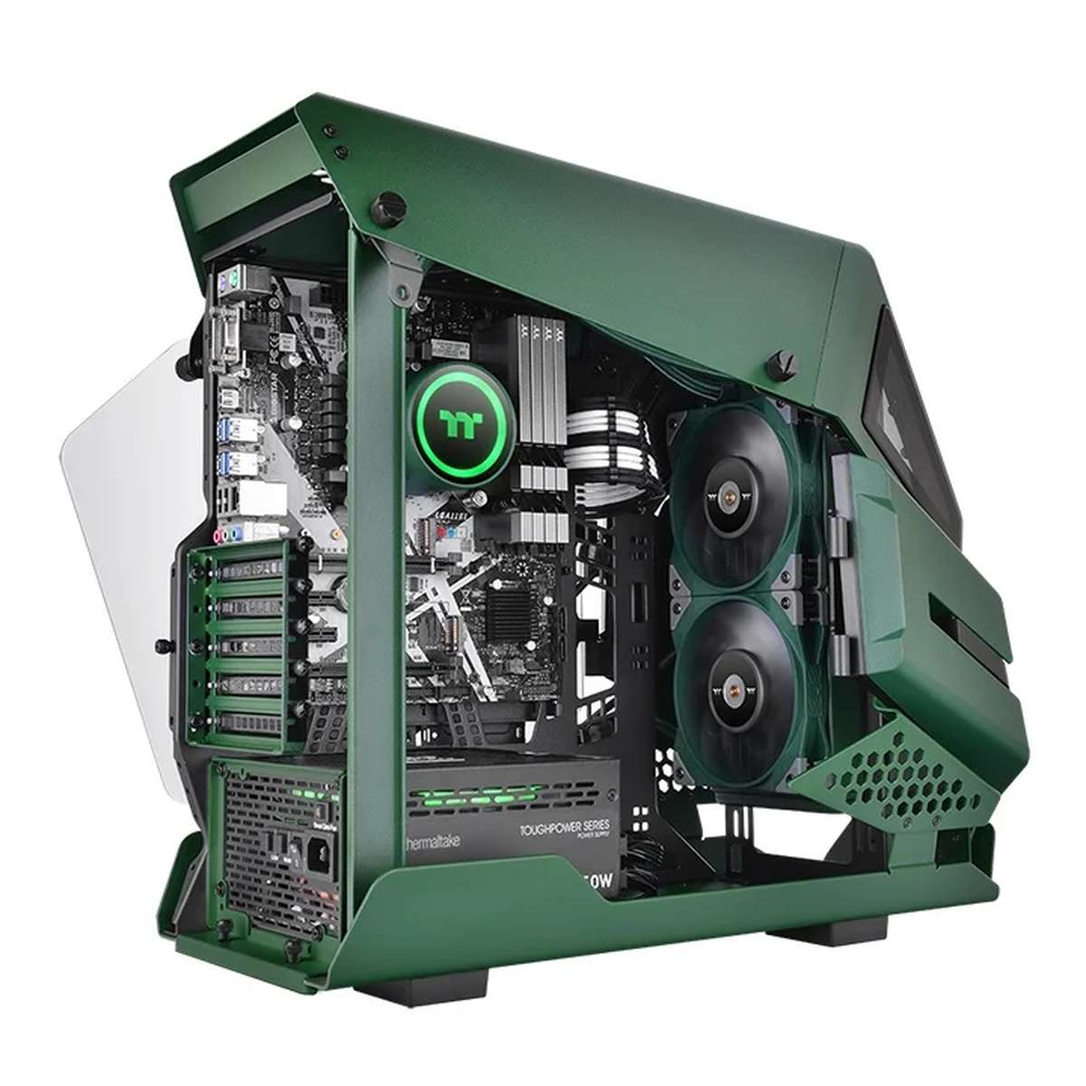 Ein futuristischer, grüner PC-Tower mit sichtbaren Komponenten, grünem CPU-Kühler und zwei Frontlüftern.