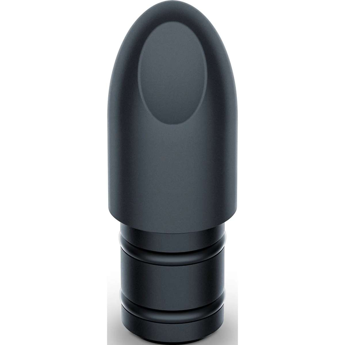 Un accessorio in silicone nero opaco e arrotondato con scanalature sul fondo su sfondo chiaro.