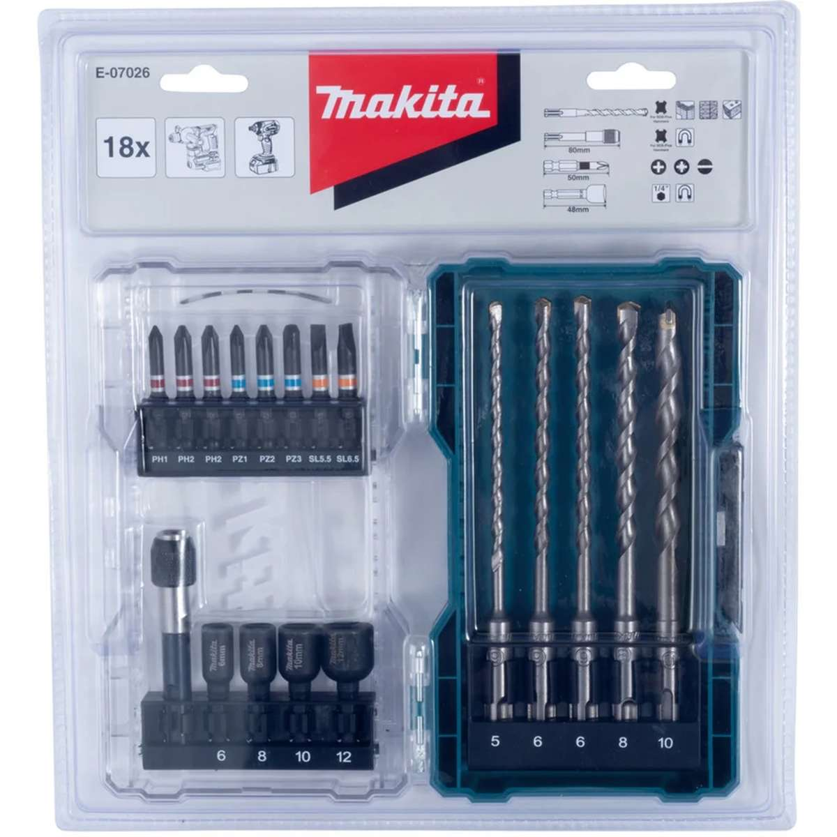 Set di punte e bit Makita da 18 pezzi in confezione di plastica sigillata.