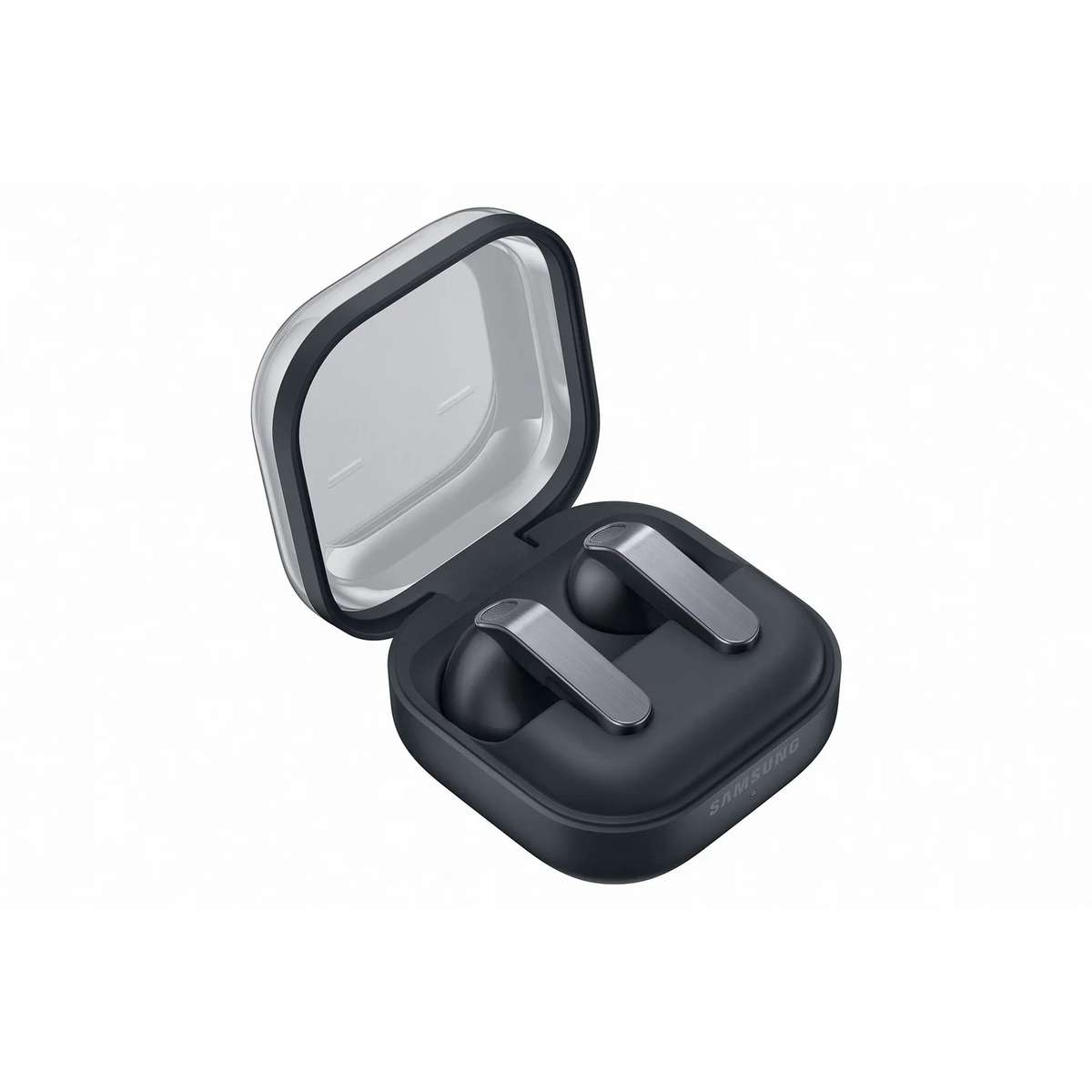 Auricolari wireless grigio scuro nella custodia di carica con coperchio trasparente.
