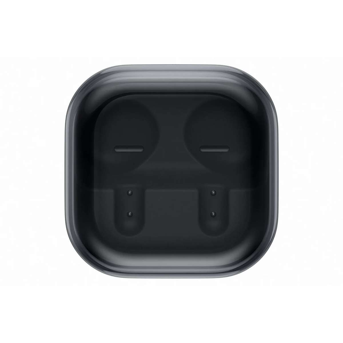 Custodia di ricarica quadrata grigio scuro vuota per auricolari wireless, vista dall'alto.