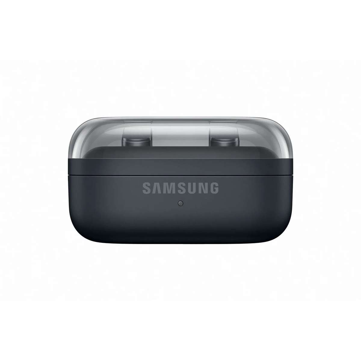 Custodia di ricarica nera Samsung con coperchio trasparente su sfondo bianco.