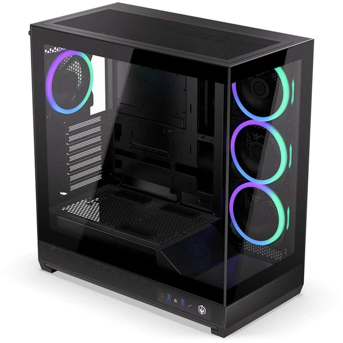 Schwarzes PC-Gehäuse mit Glasfront und bunten RGB-Lüftern.