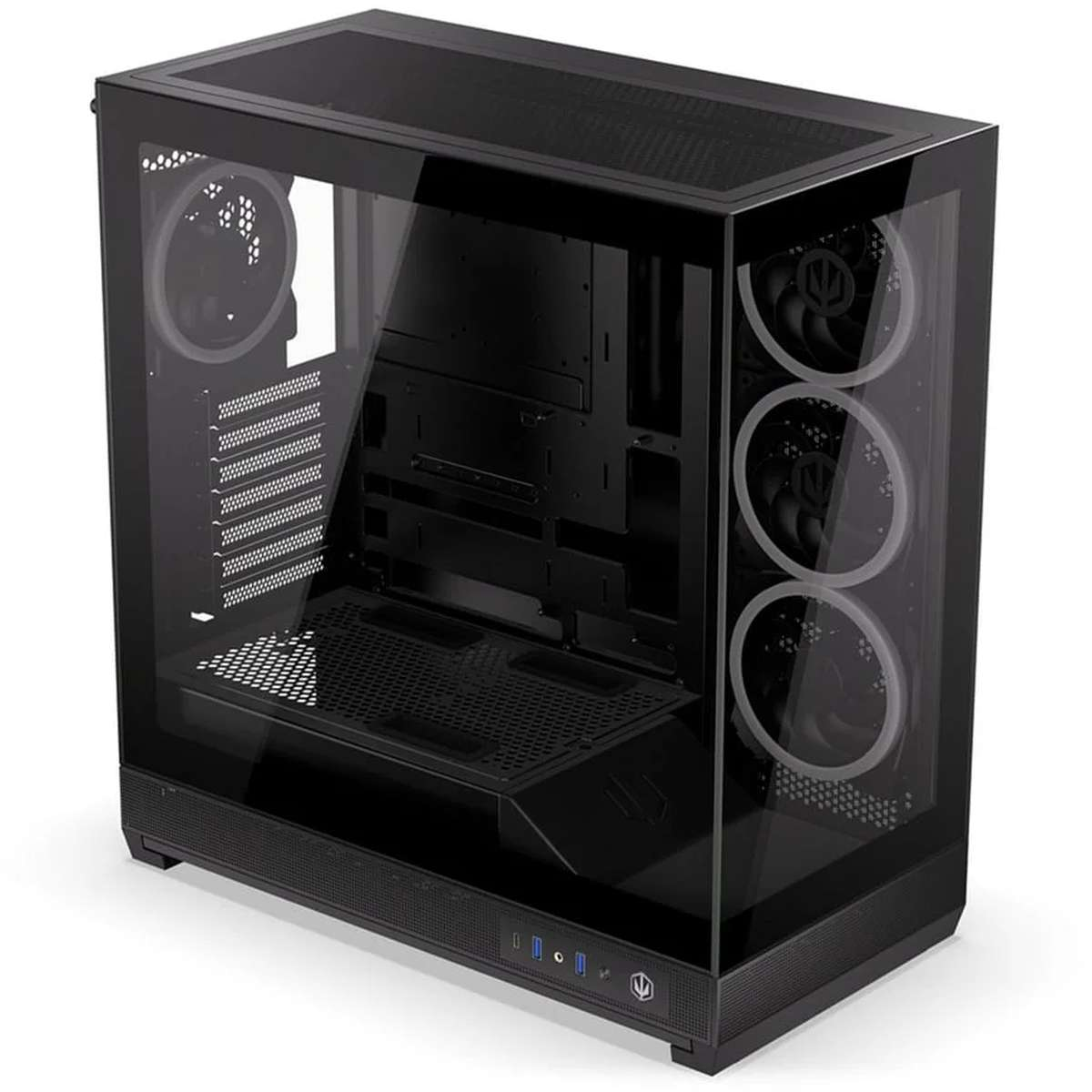 Ein schwarzes PC-Gehäuse mit Glasscheiben zeigt interne Lüfter und einen geräumigen, leeren Innenraum.