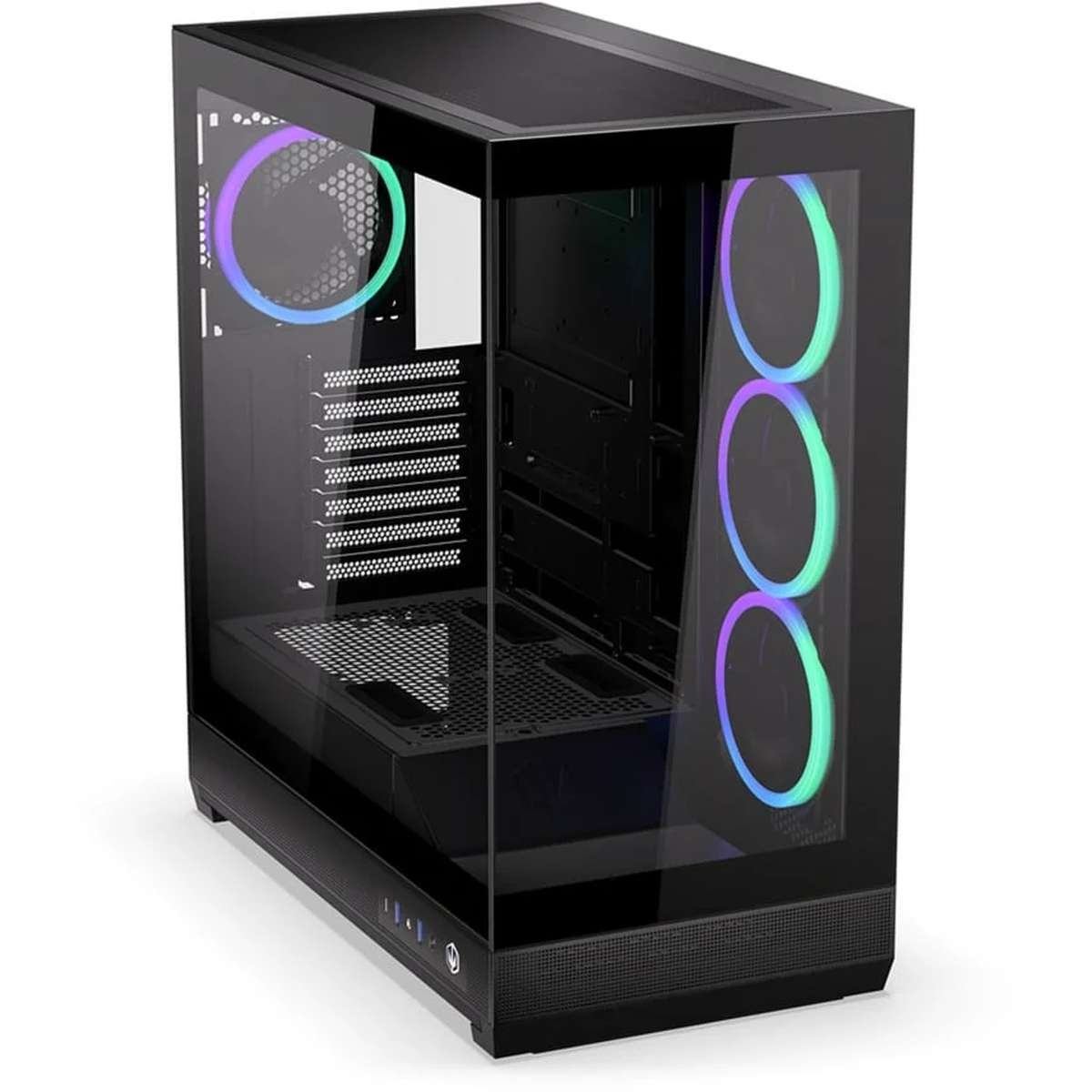Schwarzes PC-Gehäuse mit Glasfront, Seitenfenster und leuchtend bunten RGB-Lüftern.