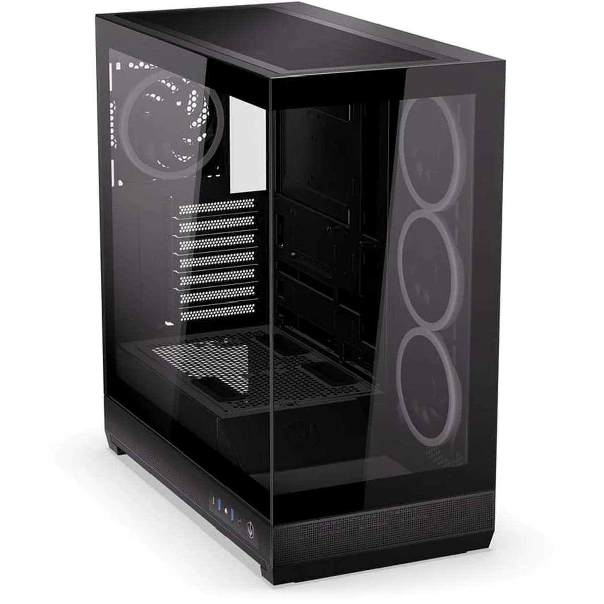 Ein schwarzes PC-Gehäuse mit Glasfront und -seitenwand zeigt innen Lüfter.